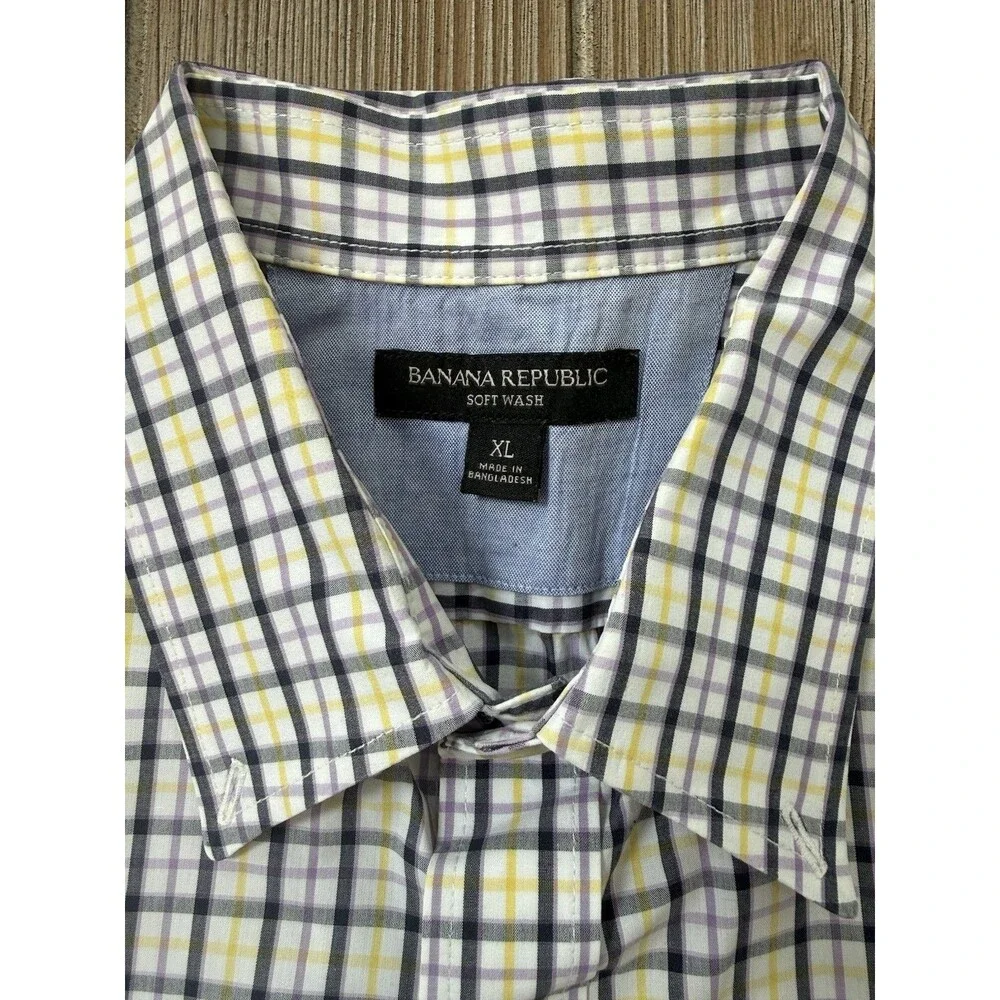 Men’s Banana Republic Soft Wash Button Down Purple Yellow Check Dress Shirt - XL